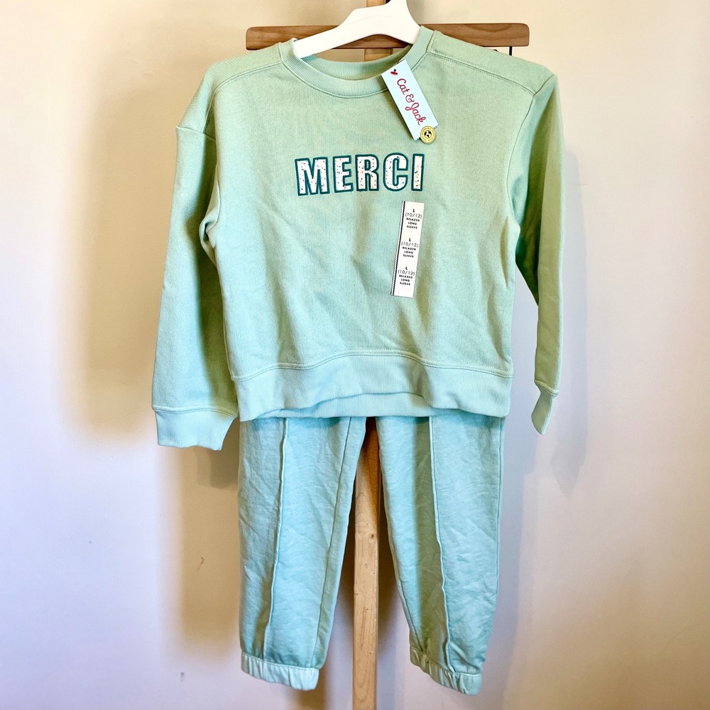 Cat & Jack Girls Mint Green Merci Sweatshirt and Joggers Set Size L 10/12 NEW
